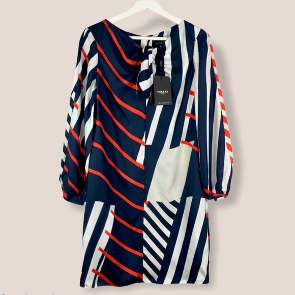 NWT Paule Ka Printed Tie Front Long Sleeve Silk Dress